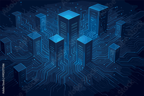 Futuristic blue server network illustration for technology and digital infrastructure concepts
