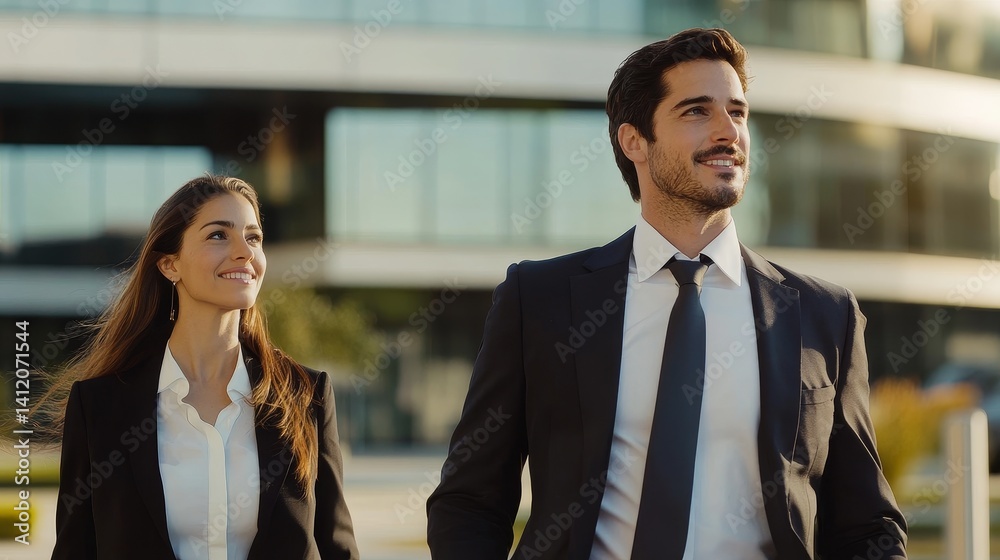 Smiling businessmen meet in the morning near the business center