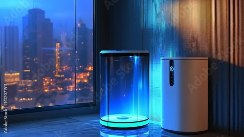 Modern indoor scene showcasing a sleek air purifier and a glowing lamp with a city skyline backdrop