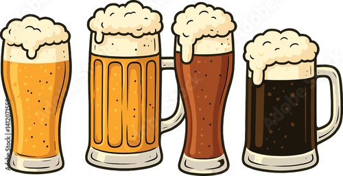 Variety of beer glasses with frothy tops for beverage enthusiasts