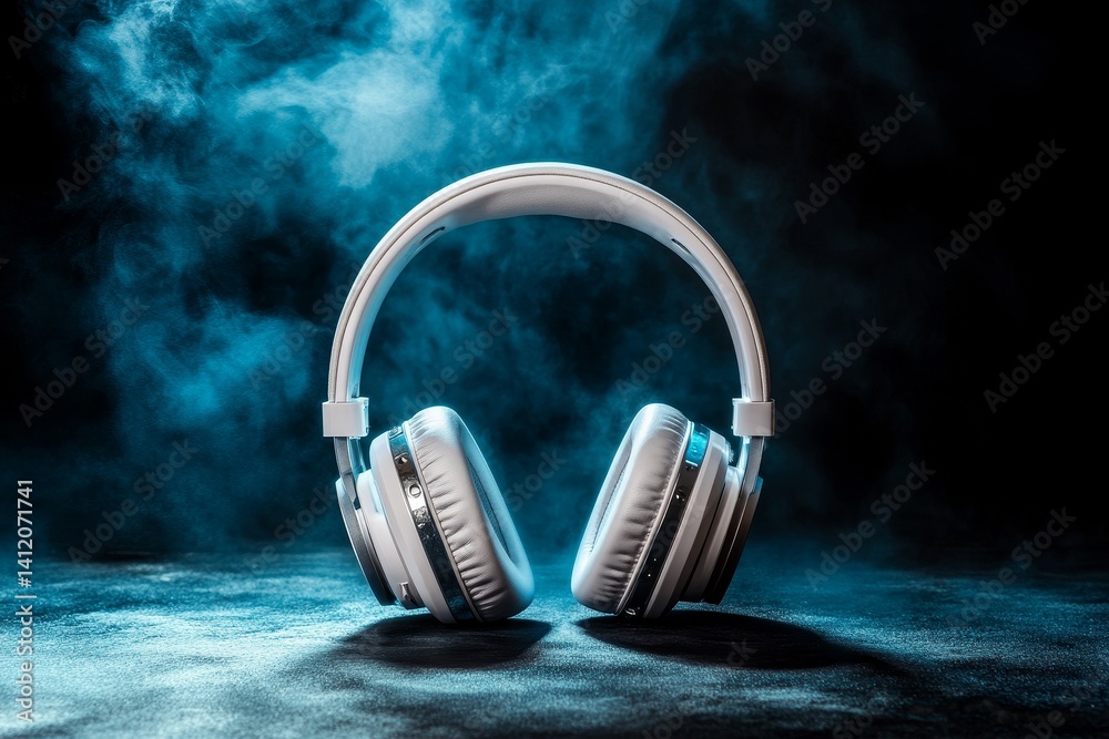 stylish white wireless headphones, dark background with light fog