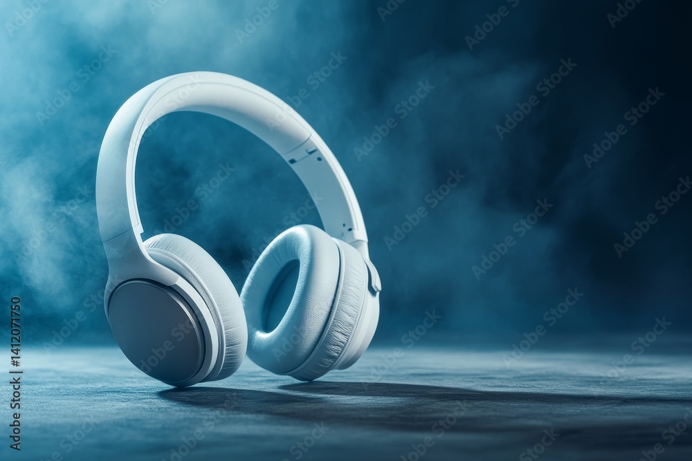 stylish white wireless headphones, dark background with light fog