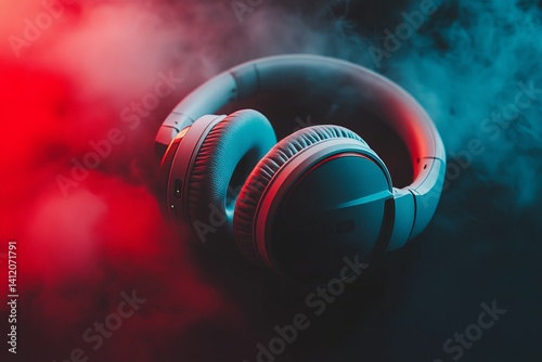 Obraz na płótnie stylish white wireless headphones, dark background with red light fog w salonie