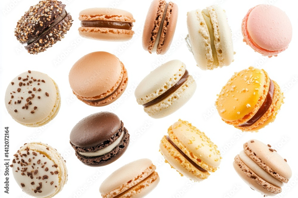Various colorful of macarons floating on the air isolated on white background