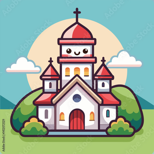 Cute Cartoon Church on a Hill