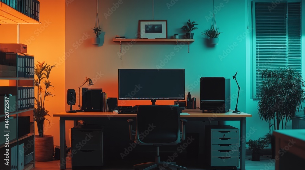 custom made wallpaper toronto digitalyellow and woven study room monitor table and chair, home office
