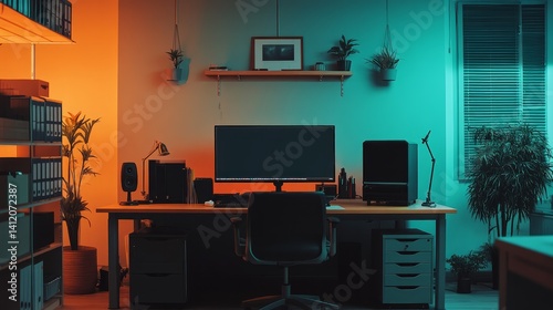 yellow and woven study room monitor table and chair, home office
