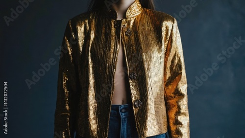 Shiny gold sequin jacket on female model. High-end fashion clothing with embellished design.