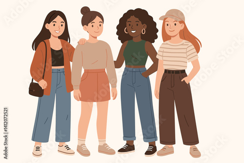 Trendy female friends group bonding in casual outfits for modern lifestyle concept