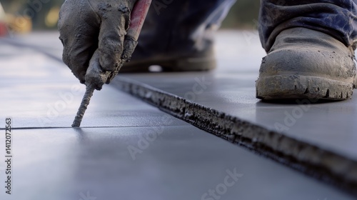 Worker sealing expansion joints in a concrete slab. Featuring precision and protection