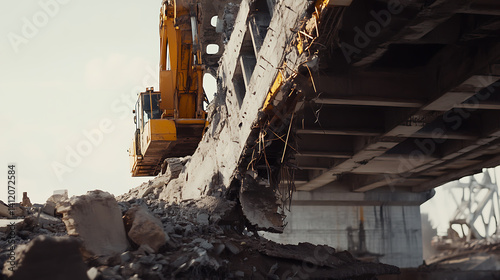 Demolition expert safely dismantling an old bridge structure. Featuring controlled demolition