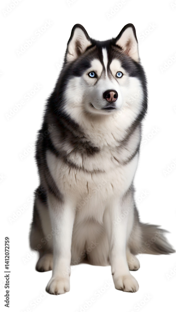 Siberian husky with blue eyes sitting calmly, isolated on white background Siberian husky with blue eyes sitting calmly, isolated on white background