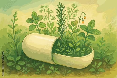 Herbal medicine concept with medicinal plants emerging from capsule for natural healing and wellness design