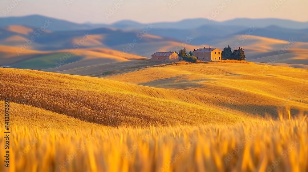 Obraz premium Golden hills and farmhouses at dawn