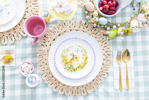 easter table setting with bunny plate