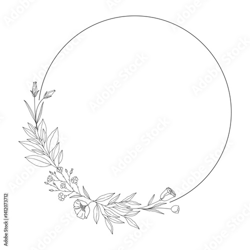 Frame of floral twigs with leaves and flowers. Wreath of branches, black outline, isolated on white. Botanical sketch, round garland for wedding decoration, and design projects. Vector illustration