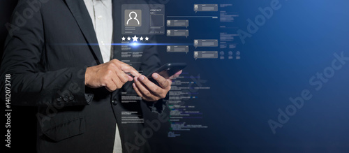 Businessman technology provides digital support, customer service, fast answer, real-time assistance, and client contact through smart social platform integration