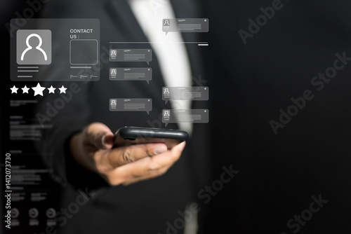Client service enhanced by businessman technology through digital contact, customer support, social communication, instant answer, and interactive assistance system
