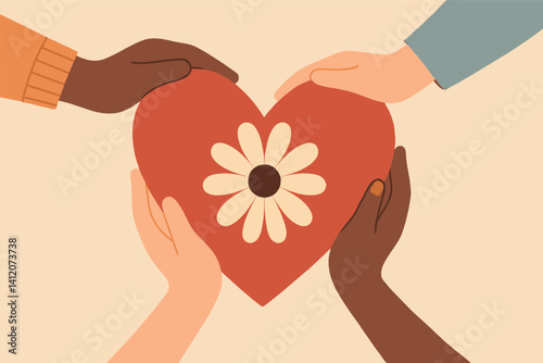 Unity and diversity: hands holding heart with flower symbolizing harmony and love