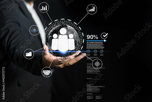 Human resources management supports businessman in job recruitment, client engagement, employment strategy, career development, and professional business network creation