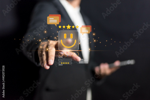 Perfection score satisfaction concept highlights survey result with five rating, showing excellent service quality, positive feedback, and customer approval