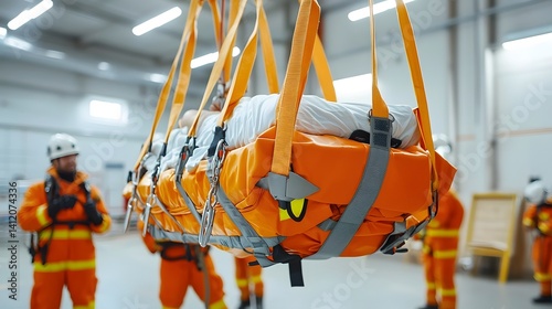 A group of emergency response workers are lifting a bright orange rescue stretcher basket using a suspended lifting mechanism in an industrial facility or warehouse setting
