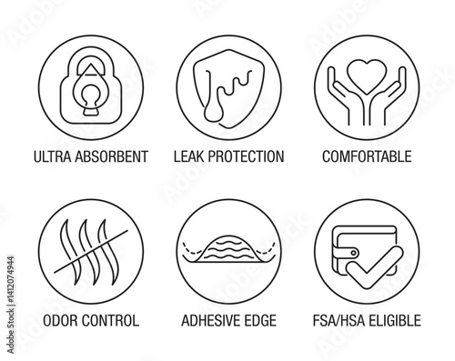 Panty liners properties icons set for labeling in thin line and circle shape