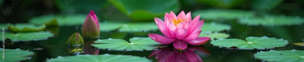 Vibrant lotus flower with lily pads in still water, water, flora Vibrant lotus flower with lily pads in still water, water, flora
