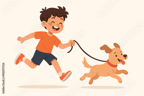 Joyful playtime between boy and dog in a simple cartoon style