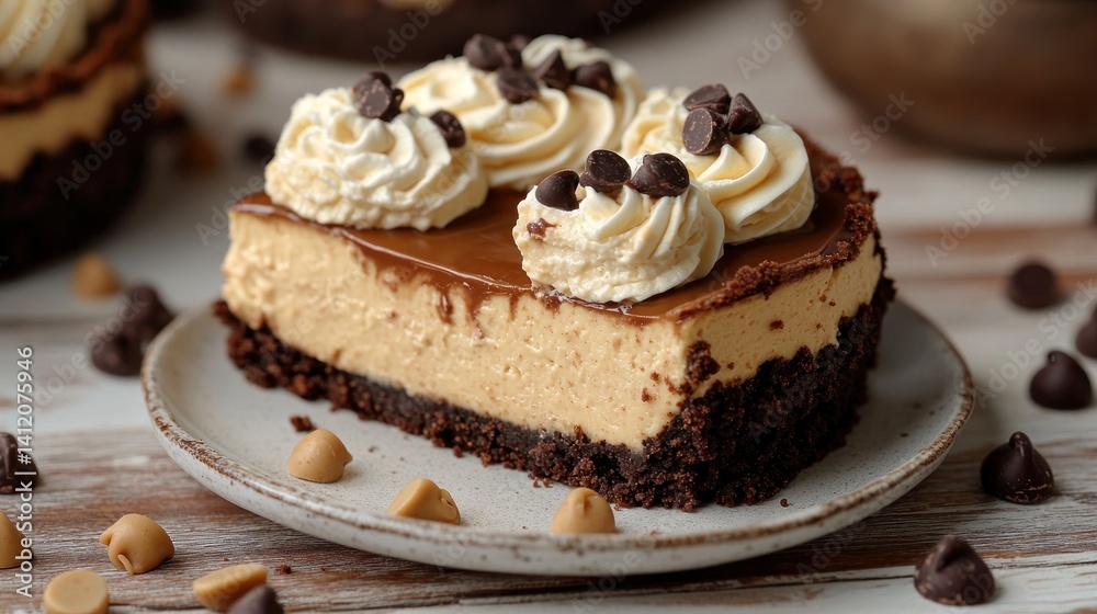 Delicious slice of creamy chocolate caramel cheesecake on a rustic plate