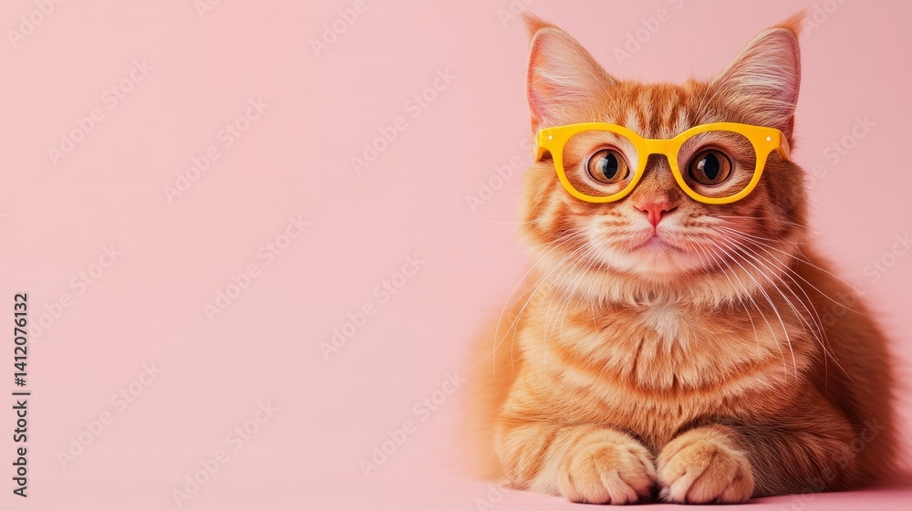 Fototapeta premium cat in yellow glasses on clean isolated pink background