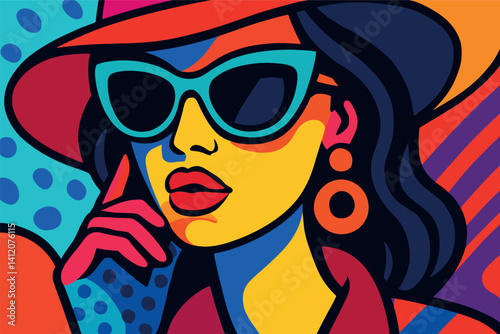 Vibrant pop art fashionista in bold colors and geometric patterns