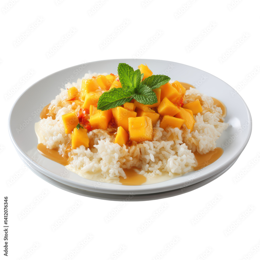Delicious Mango Sticky Rice Dessert with Fresh Mint Garnish, isolated on transparent background. Delicious Mango Sticky Rice Dessert with Fresh Mint Garnish, isolated on transparent background.
