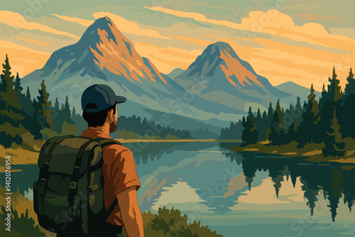 Adventurous backpacker exploring tranquil mountain landscape during serene sunset reflections