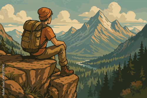 Adventurer on mountain edge contemplating the majestic landscape for outdoor inspiration