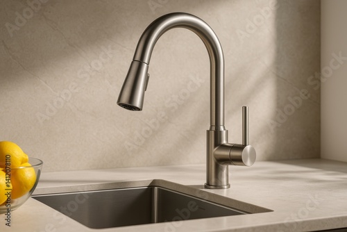 Modern Kitchen Faucet With Lemons in Bowl on Countertop in Bright Natural Light