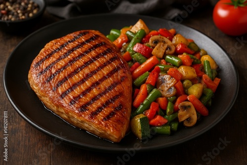 Grilled Chicken Breast Served With Vegetable Medley on a Black Plate