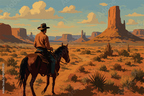 Cowboy riding through majestic desert landscape at sunset