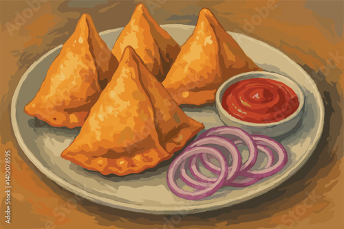 Delicious indian samosa platter with onion and chutney for culinary inspiration