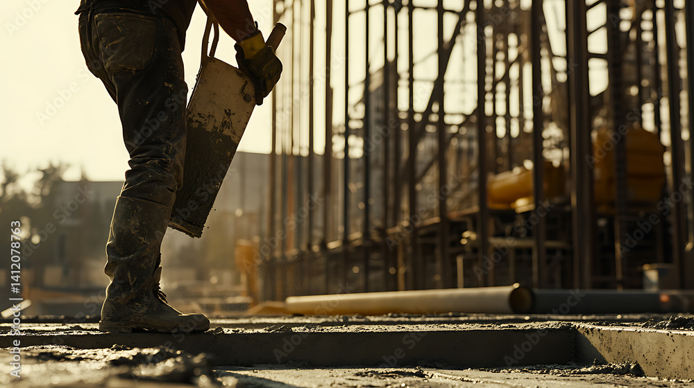 Fototapeta premium Construction worker pouring concrete into a form on a building site. Precision and strength