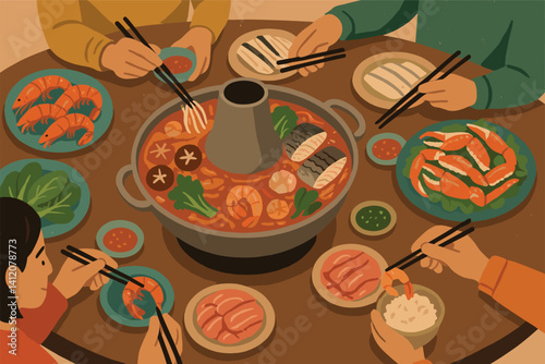 Cozy asian hotpot gathering with friends enjoying delicious meals