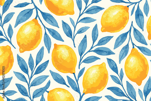 Vibrant lemon watercolor pattern with blue foliage for creative design
