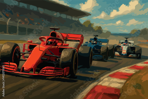 Thrilling motorsport racing action on a countryside track with high-speed cars