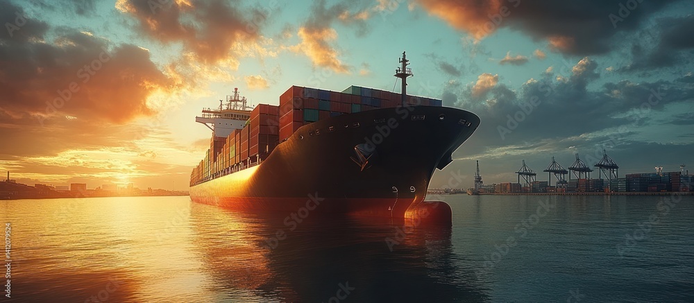 Fototapeta premium Cargo Ship at Sunset Port