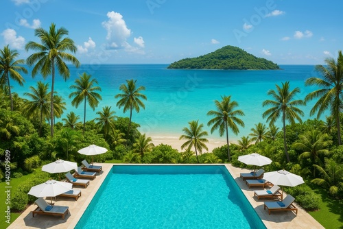 Tropical Paradise With a Tranquil Pool Overlooking a Serene Beach and a Lush ...