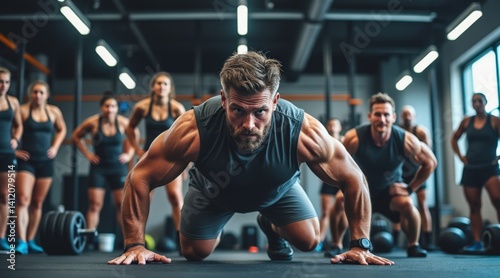 A male CrossFit coach demonstrates proper squat technique, showcasing fitness expertise and athletic form in a gym environment.