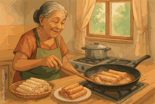 Frying lumpia delight in cozy kitchen setting