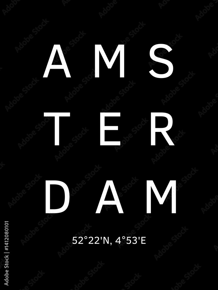 custom made wallpaper toronto digitalStadtname Amsterdam auf schwarzem Hintergrund und seine Koordinaten