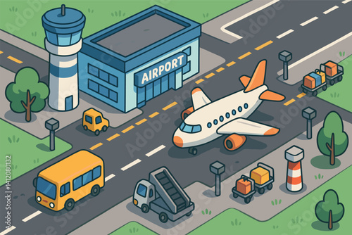 Charming isometric cartoon airport scene with runway and vehicles for design use