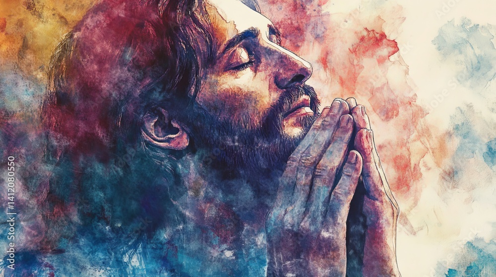 Fototapeta premium Spiritual man praying watercolor painting artistic peaceful meditation god red hope soul blue face